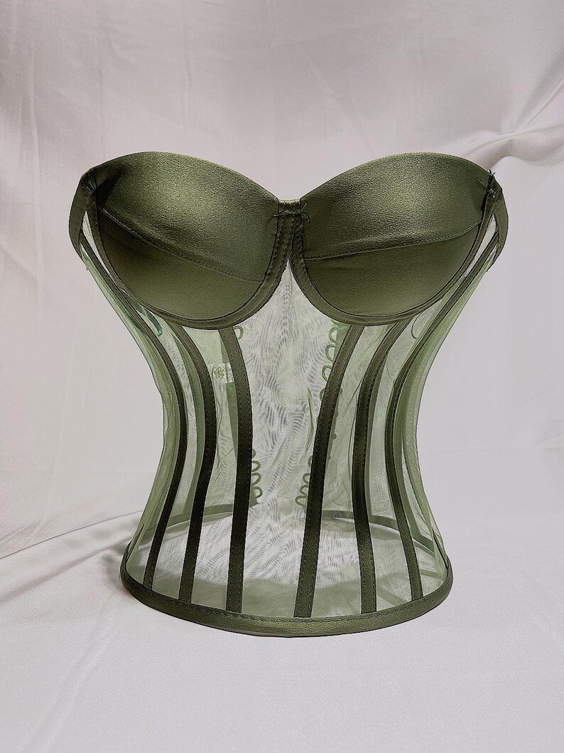 May include: A green mesh corset with a satin top and a boned, corseted bottom. The corset has a sweetheart neckline and is designed to cinch the waist.