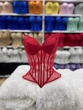 Red Sheer Mesh Corset Top, Handmade Rave Bustier