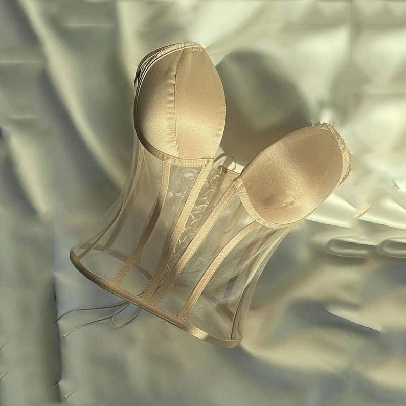 May include: A sheer ivory corset with satin cups and a lace-up front. The corset has a delicate, feminine design.