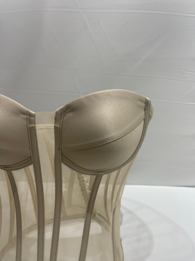 Pu&ograve; includere: Un corsetto in rete beige con una parte superiore in satin. Il corsetto ha una struttura a stecche e una chiusura a busk sul davanti.