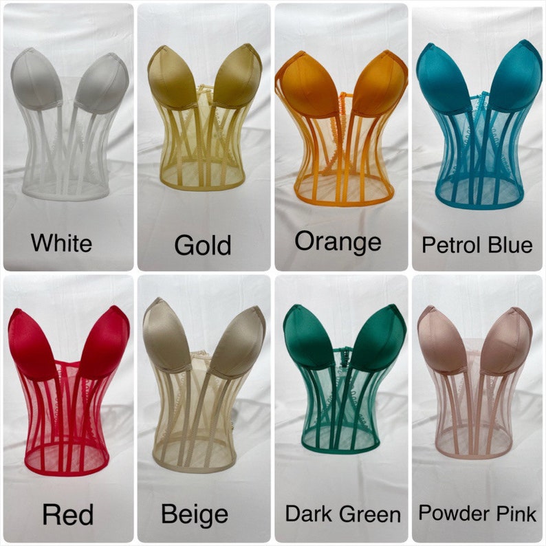 May include: Eight different colored mesh corsets with a satin top. The colors are white, gold, orange, petrol blue, red, beige, dark green, and powder pink.