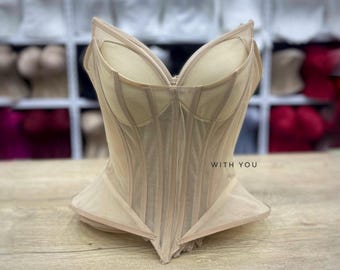 Handgemachtes Nude Sheer Mesh Korsett, entbeintes Braut Bustier