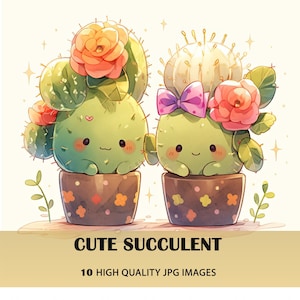 Lindo paquete de imágenes prediseñadas de cactus Kawaii de acuarela / Conjunto de ilustraciones de cactus / Uso comercial suculento de acuarela / I 10 JPG de alta calidad