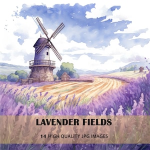 Imágenes prediseñadas de campos de lavanda en acuarela: Arte paisajístico (Descarga digital)