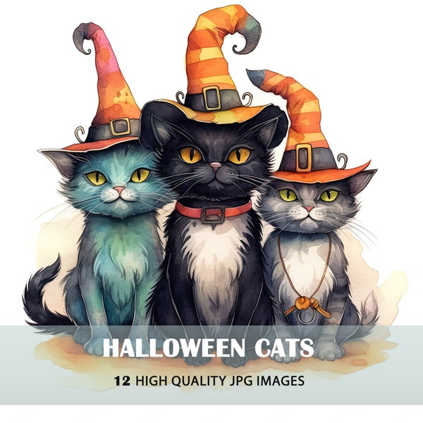 Watercolor Halloween cat clipart set for Digital Invitations, Digital Posters, Scrapbook  I Digital Download, 12 High Quality JPG