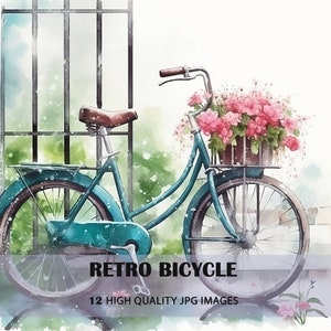 Clipart de bicicleta retro acuarela para invitaciones digitales, carteles digitales, Scrapbook I Descarga digital, 12 JPG de alta calidad