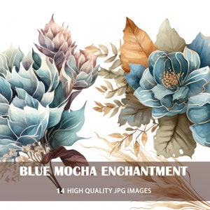Watercolor Floral Clipart: Blue Mocha Flower Elements (JPG)