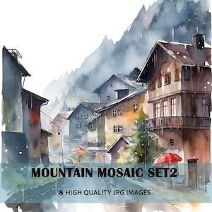 Watercolor Mountain Village Clipart: Alps Mosaic Set (Digital Download)