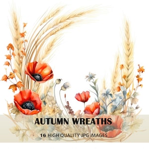 16 coquelicots aquarelles et épis de blé cadres et couronnes clipart I Digital Download, 16 JPG de haute qualité