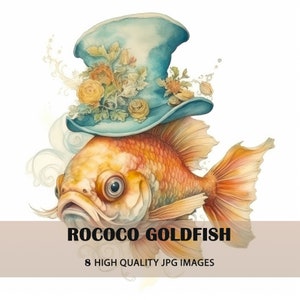 8 Watercolor Rococo goldfish clipart for Digital Invitations, Digital Posters, Scrapbook  I Digital Download, 8 High Quality JPG