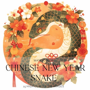 Clipart de cobra de ano novo em estilo chinês, download digital, aquarela, artesanato em papel digital 11 JPG de alta qualidade