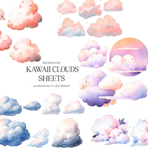 Cute Watercolor Kawaii Clouds Sheets | Set of Clouds Illustrations | Watercolor sky Commercial Use, cloud heart | I 20 High Quality JPG