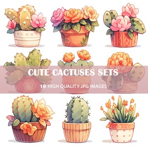 Cute Watercolor Cute Cactuses Sheets | Set of Cacti Illustrations | Watercolor Succulent Commercial Use | I 10 High Quality JPG