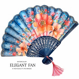 Éventail de fleurs élégant clipart | Ensemble d'illustrations d'éventail | Aquarelle à usage commercial I 8 fichiers JPG de haute qualité