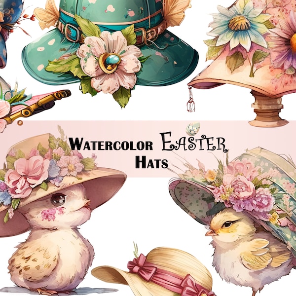 Watercolor Easter Hats Clipart, PNG Digital Image Downloads, Floral Easter bonnets, Spring Scrapbook, Easter egg for making invitation