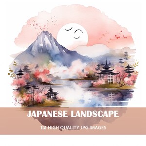 Japanische Landschaft Clipart, Aquarell Kunst, digitaler Download, Mixed Media, digitales Papier Handwerk 12 High Quality JPG