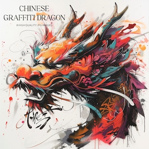Chinese Graffiti Dragon Clipart,  Digital Download, Mixed Media, Digital Paper Craft  8 High Quality JPG