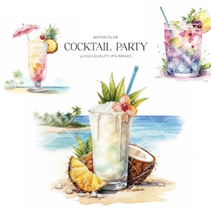 Watercolor Cocktail Clipart: Party Drinks, Tropical Theme (Digital Download)