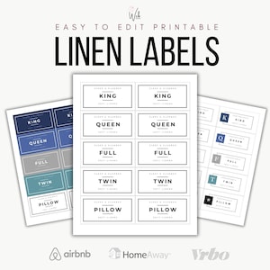 Peut inclure: Etiquettes de linge imprimables pour les tailles king, queen, full, twin et oreiller. Les étiquettes sont blanches avec du texte noir et une bordure grise. Les étiquettes sont conçues pour être utilisées dans les locations de courte durée.