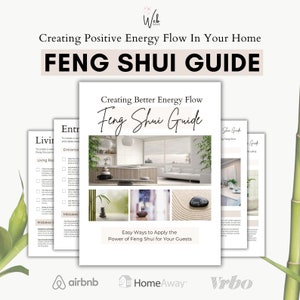 Pode incluir: Um guia para criar um fluxo de energia positivo na sua casa usando os princípios do Feng Shui. O guia inclui dicas para a entrada, sala de estar e quarto. Também apresenta imagens de uma cozinha moderna e um jardim zen.