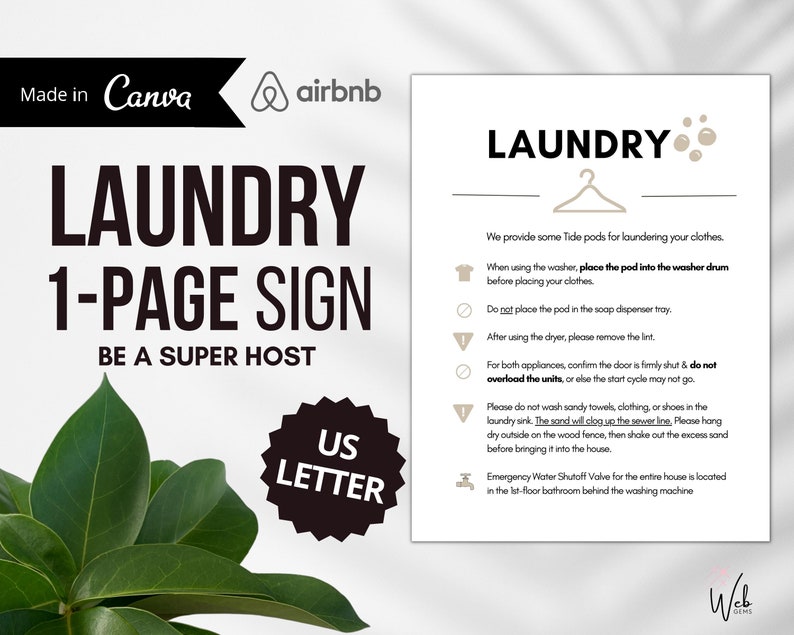 Airbnb Laundry Rules Sign, Laundry Room Sign, Laundry Guide, Airbnb