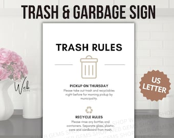 May include: A white sign with the text "Trash Rules" in black. The sign has a brown trash can icon and instructions for trash and recycling pickup on Thursday. The sign also includes instructions for recycling rules. The sign is on a white tiled surface with a brown US Letter sticker.