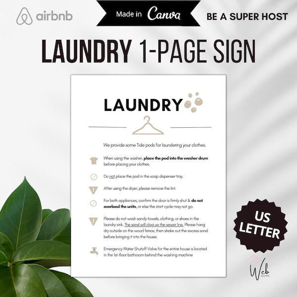 Airbnb Laundry Rules Sign, Laundry Room Sign, Laundry Guide, Airbnb Signs Template, Airbnb Laundry Sign, Airbnb Canva Template, Super Host