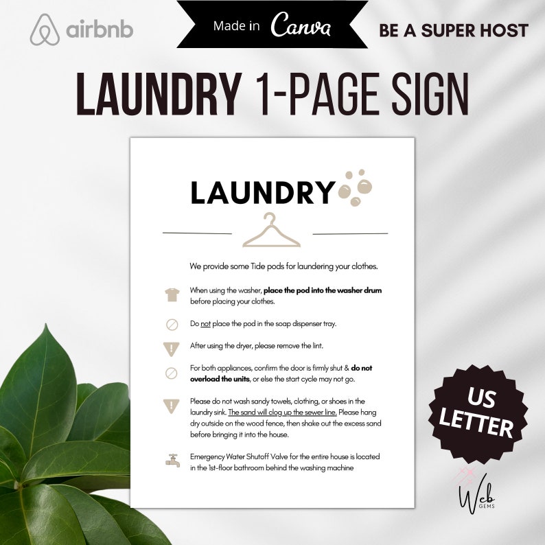 Airbnb Laundry Rules Sign, Laundry Room Sign, Laundry Guide, Airbnb