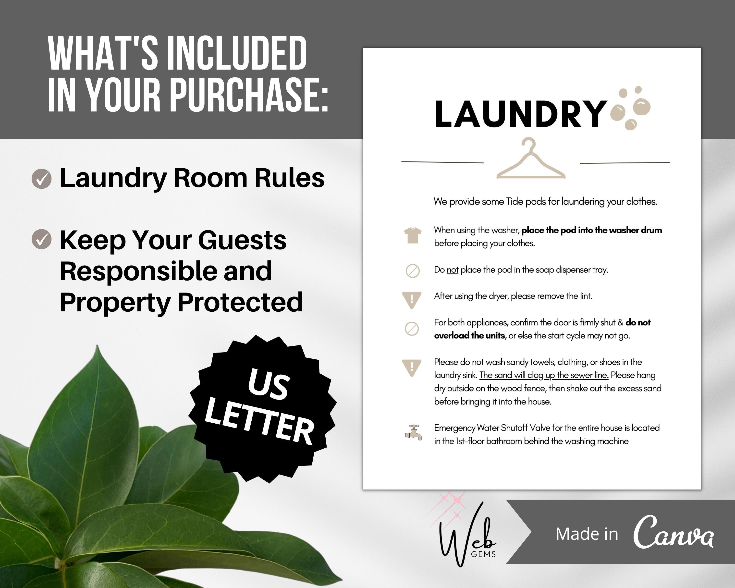 Airbnb Laundry Rules Sign, Laundry Room Sign, Laundry Guide, Airbnb