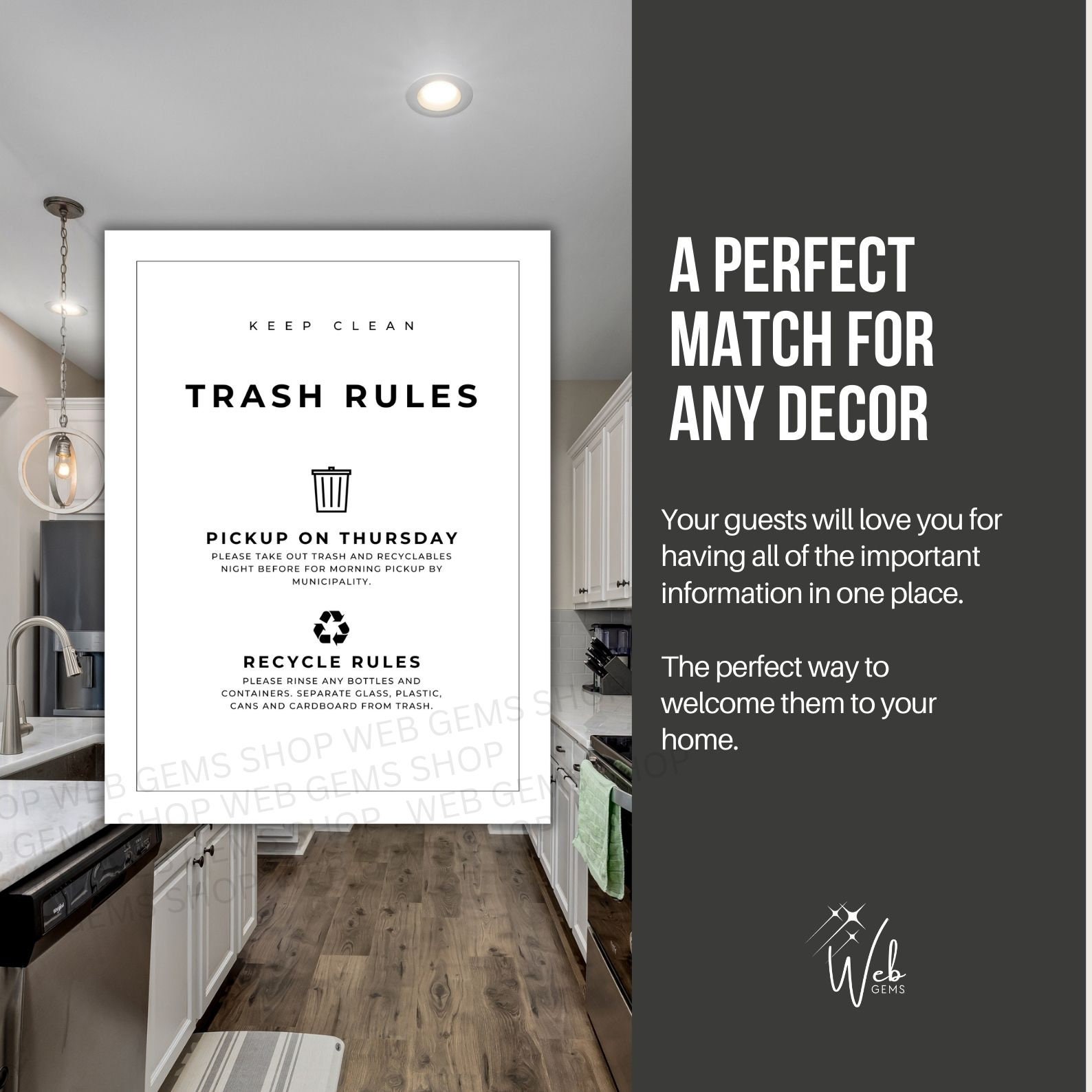 Airbnb Trash & Recycle Rules Sign: Modern Garbage Day Poster (digital ...