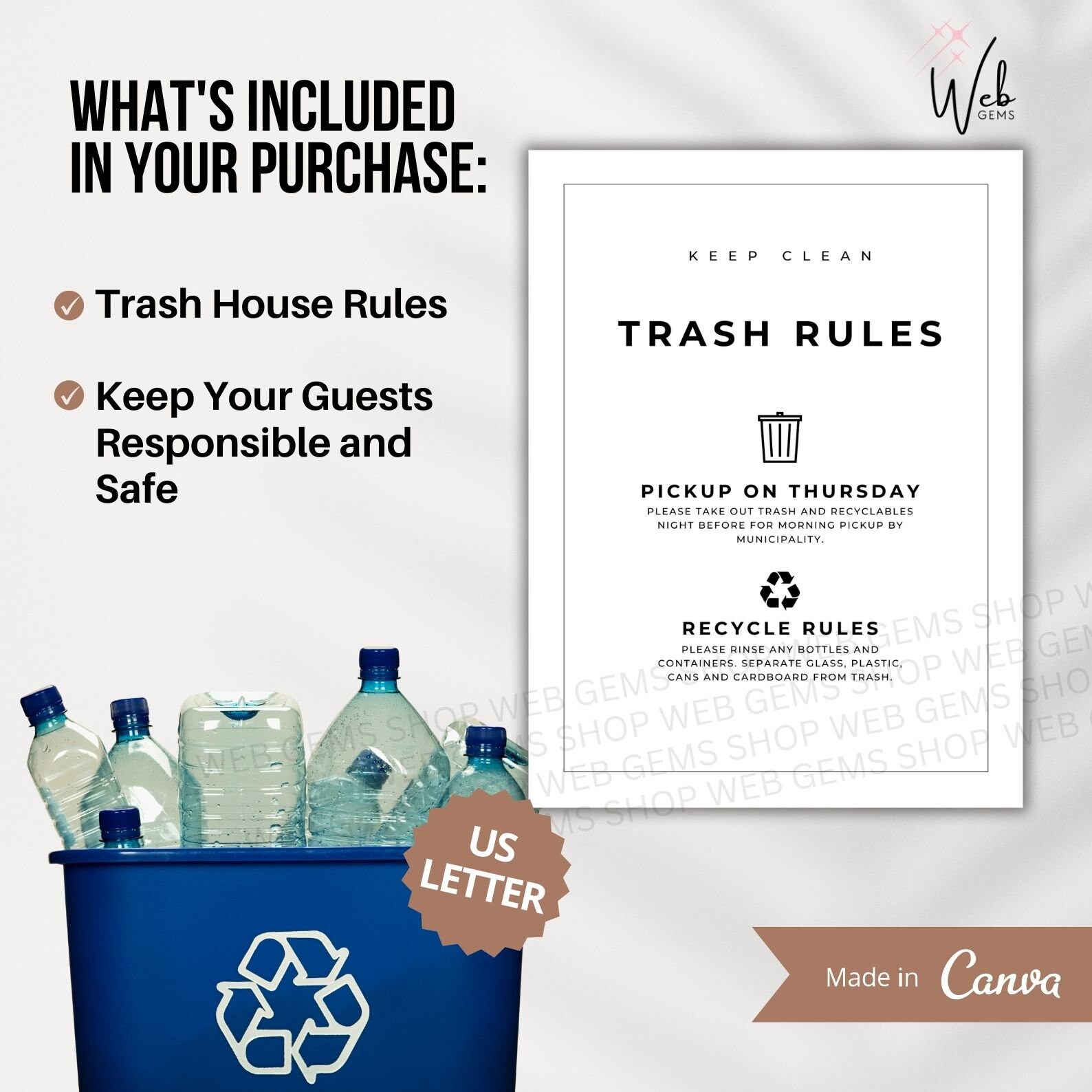 Airbnb Trash Rules, Garbage Day Sign, Airbnb House Rules, Recycle Sign