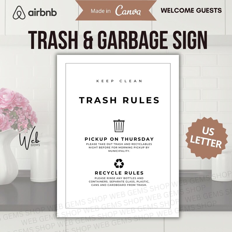 Airbnb Trash & Recycle Rules Sign: Modern Garbage Day Poster (digital ...