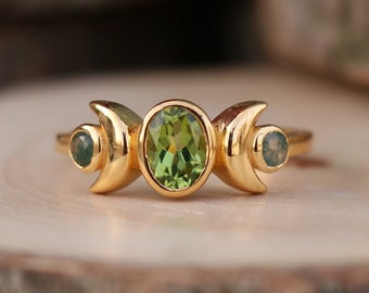 Peridot Moss Agate Ring: 18k Gold Plated Sterling Silver Handmade Stacking Ring