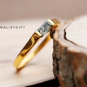 Natural Moss Agate Ring, 18k Gold Plating, 925 Sterling Silver Ring, Women's Gold Thin Ring, Stackable Ring, Personalized Ring Gift For Her