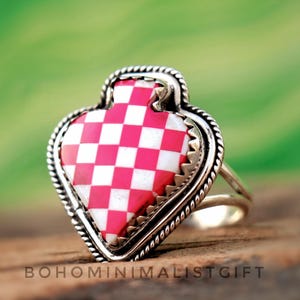 Schoppen kaartvorm edelsteenring, 925 sterlingzilveren ring, handgemaakte ring, roze en wit geruite ring, trouwring, verjaardagscadeau voor haar