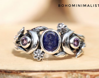 Silver Celestial Ring, Lapis Lazuli & Amethyst Ring, 925 Sterling Silver Ring, Handmade Tree Branch Ring, Unique Wedding Ring, Gift For Her