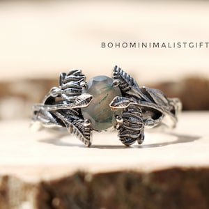 Handmade Moss Agate Ring: Sterling Silver Leaves, Artisan Design