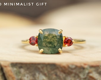 Moss Agate Ring: 18k Gold Vermeil, Garnet Sterling Silver Ring