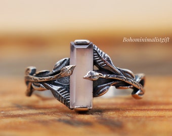 Rose Quartz Ring: Sterling Silver Twig Band, Bohemian Jewelry