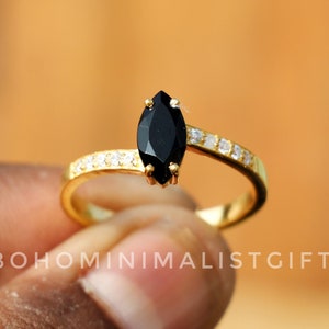 Black Onyx Marquise Ring, 18k Rose Gold Vermeil Sterling Silver