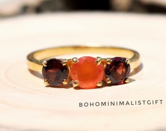 Carnelian & Garnet Ring, 925 Sterling Silver Ring, Handmade Ring, Multi Stone Ring, 18k Gold Plated, Wedding Ring, Anniversary Gift For Her