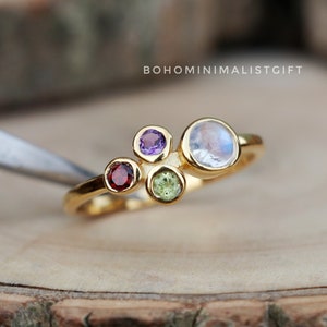 Handmade Moonstone Ring: 18k Gold Plated Sterling Silver, 4 Gemstone Ring, Boho Jewelry