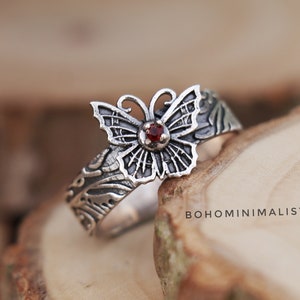 Butterfly Band Ring, Red Garnet Ring, 925 Sterling Silver, Texture Band, Unique Butterfly Ring, Silver Insect Ring, Birthday Gifts For Women