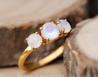 Natural Moonstone Ring, 18k Gold Plated, 925 Sterling Silver Ring, White Rainbow Ring, Handmade Ring, Wedding Ring, Birthday Gift For Women