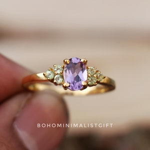 Natural Amethyst Oval Ring, Green Peridot Ring, 18k Gold Vermeil, 925 Sterling Silver Ring, Handmade Ring, Wedding Engagement Ring, Gift Her