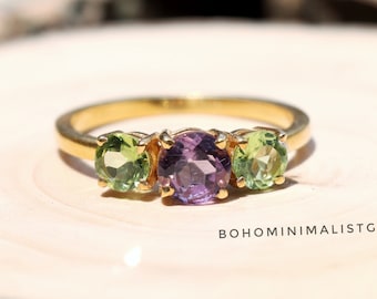 Amethyst & Peridot Ring, 925 Sterling Silver Ring, 18k Gold Plated Ring, Handmade Ring, Wedding Ring, Anniversary Gift For Her, Promise Ring