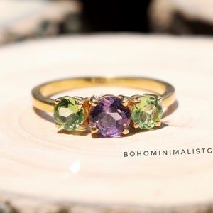 Amethyst & Peridot Ring, 925 Sterling Silver Ring, 18k Gold Plated Ring, Handmade Ring, Wedding Ring, Anniversary Gift For Her, Promise Ring