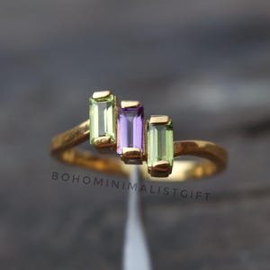 Amethyst and Peridot Ring, 18k Gold Plated, 925 Sterling Silver Ring, Three Gemstone Ring, Wedding Ring, Birthday Gift, Dainty Gift For Her