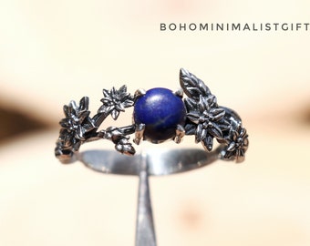 Silver Flowers Ring, Lapis Lazuli Ring, Tree Branches Ring, 925 Sterling Silver Ring, Unique Design Ring, Handmade Ring, Birthday Gift Her