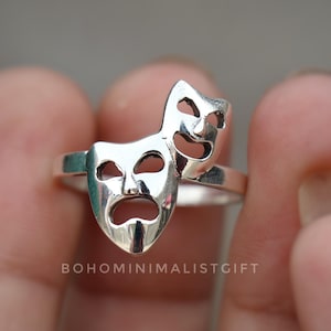 Gothic Cry and Smile Mask Ring, 925 Sterling Silver Ring, Handmade Ring, Comedy Tragedy Masks Ring, Symbolic Gift Jewelry For Women & Men